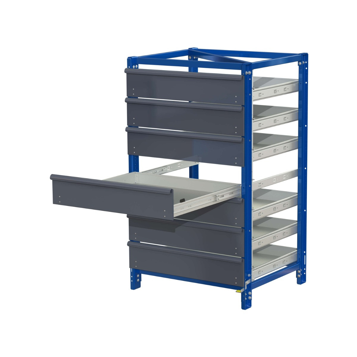 Kompaktes Auszugsregal 75 kg mit 7 Schubfächern (800 x 800 mm) unverkleidet