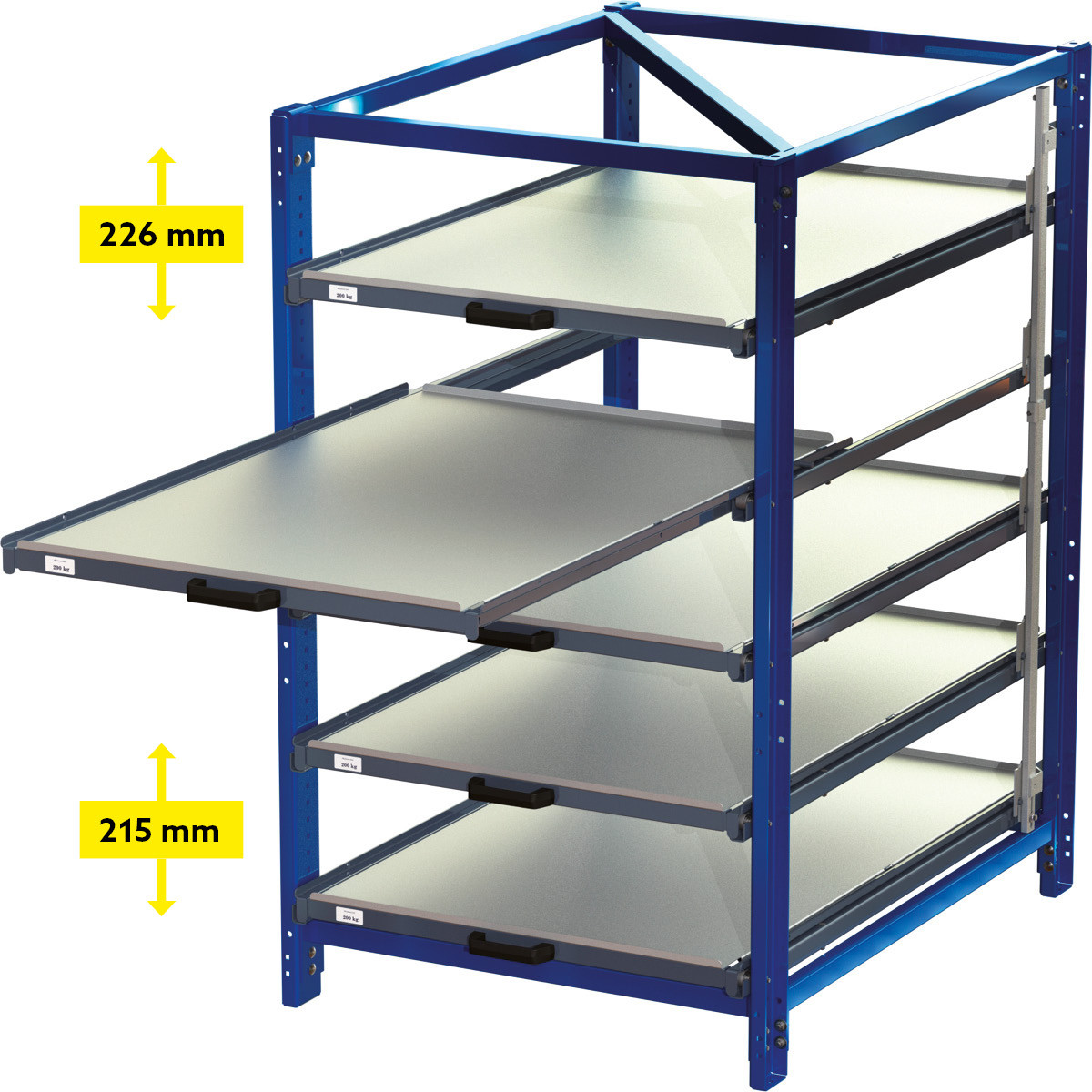 Kompaktes Auszugsregal mit 5 Schubfächern - Lichte Höhe: oberste Ebene 226 mm / untere Ebenen 215 mm