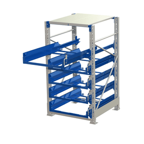 Heavy duty pallet pull-out rack with 5 drawers & 70 % extendable, 1 drawer open
