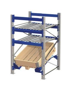 Basic shelving with roller conveyor above and inclined shelf below