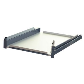 Steel shelf for suspended pull-outs with metal stop
