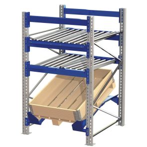 Basic shelving with roller conveyor above and inclined shelf below