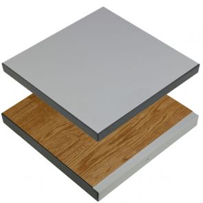 Ausschnitt Tischplatte Laminat grau und Eiche