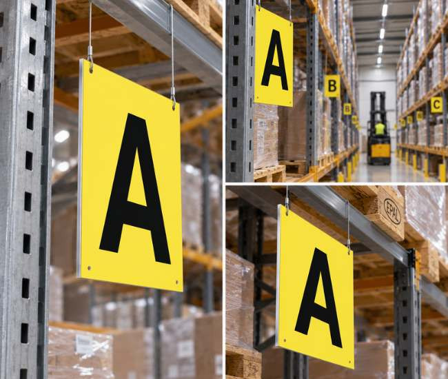 Aluminium shelf and aisle sign with hanging holes