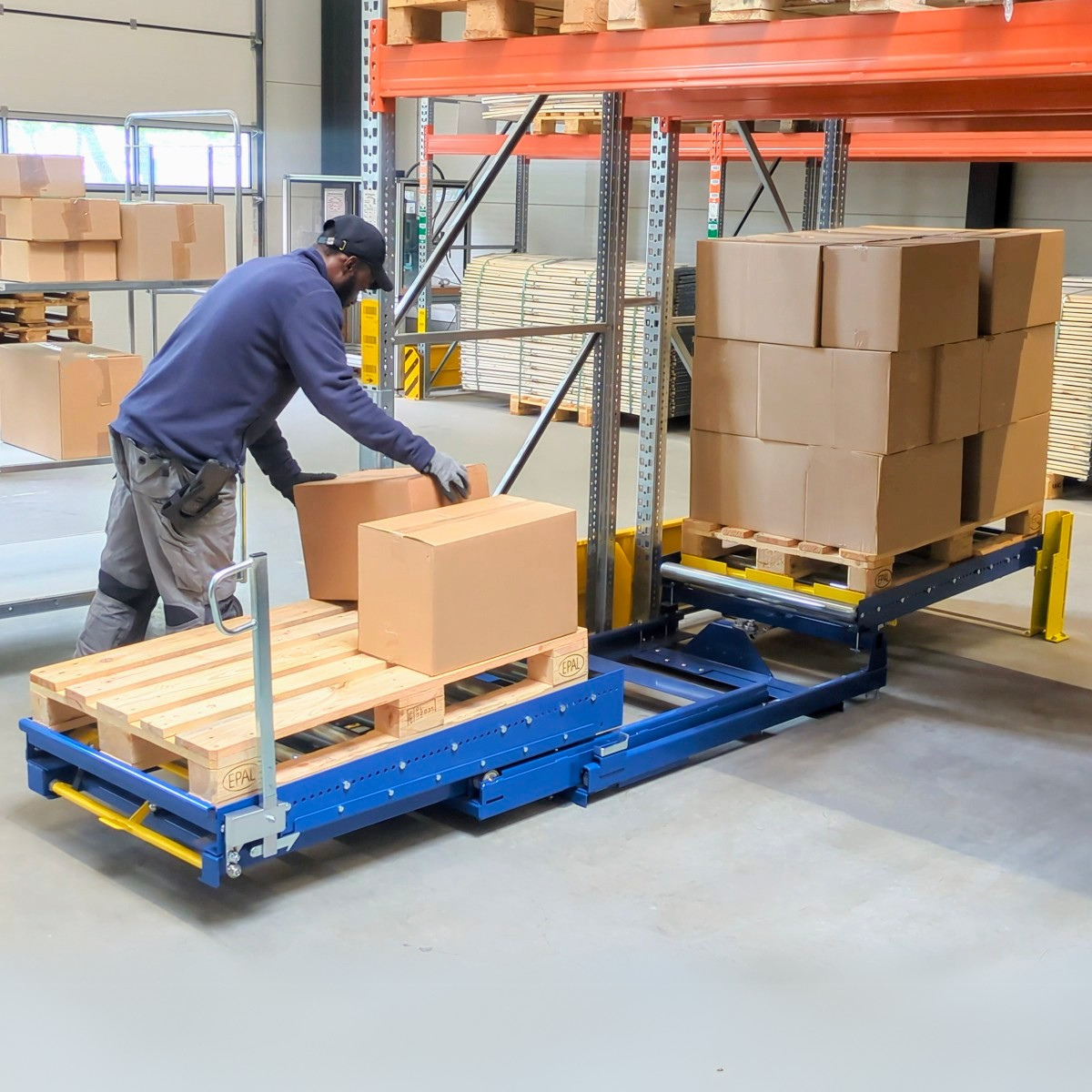 Pallet live storage system with pull-out units for pallets