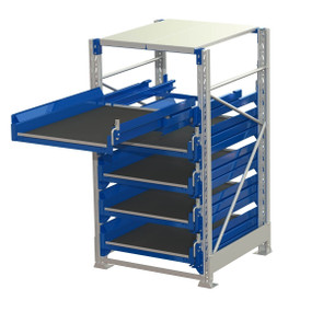 Heavy duty pallet pull-out rack with 5 drawers & 100 % extendable, 1 drawer open